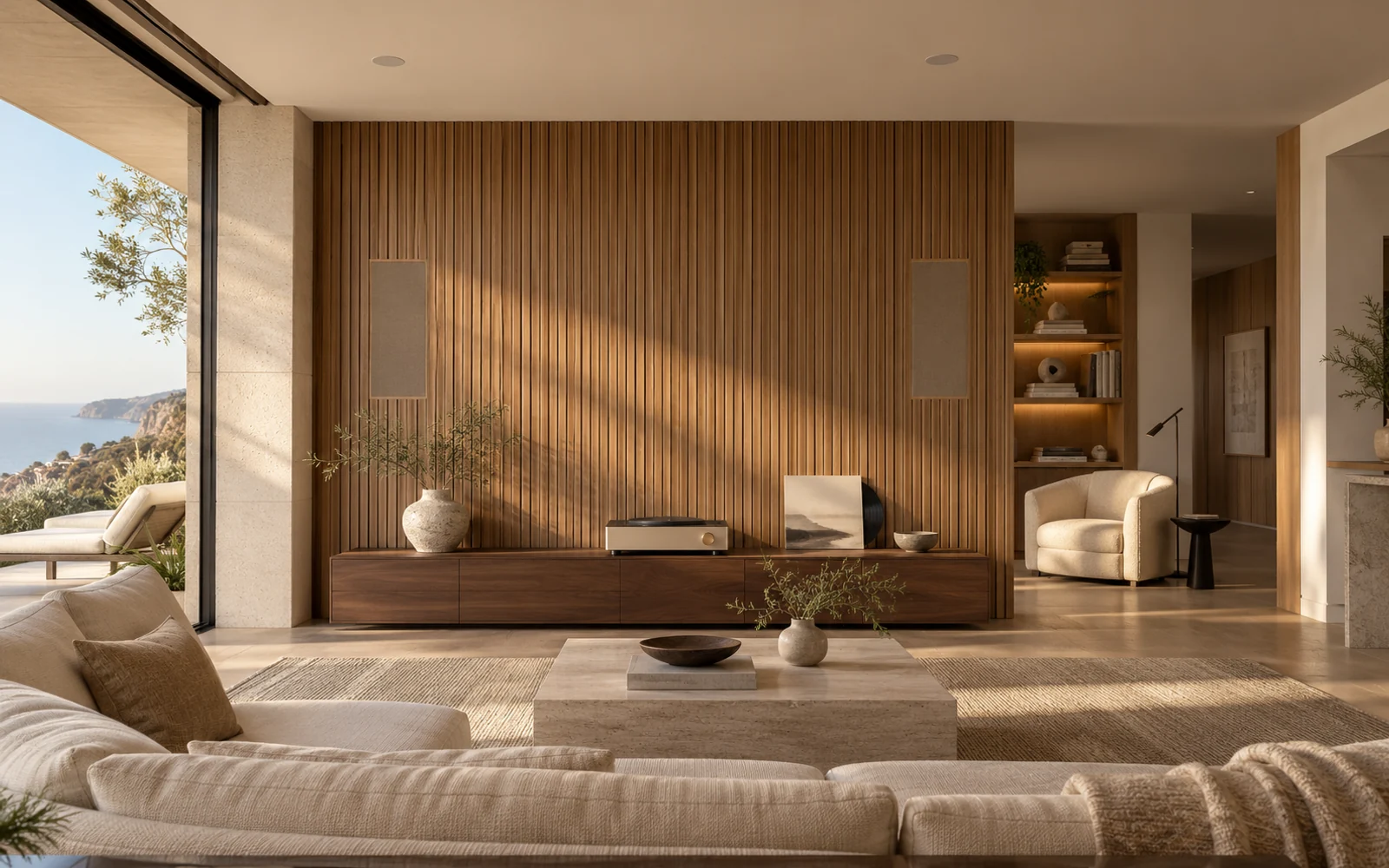 Design rendering: Contemporary listening and living space with architectural speakers integrated into the finished interior.