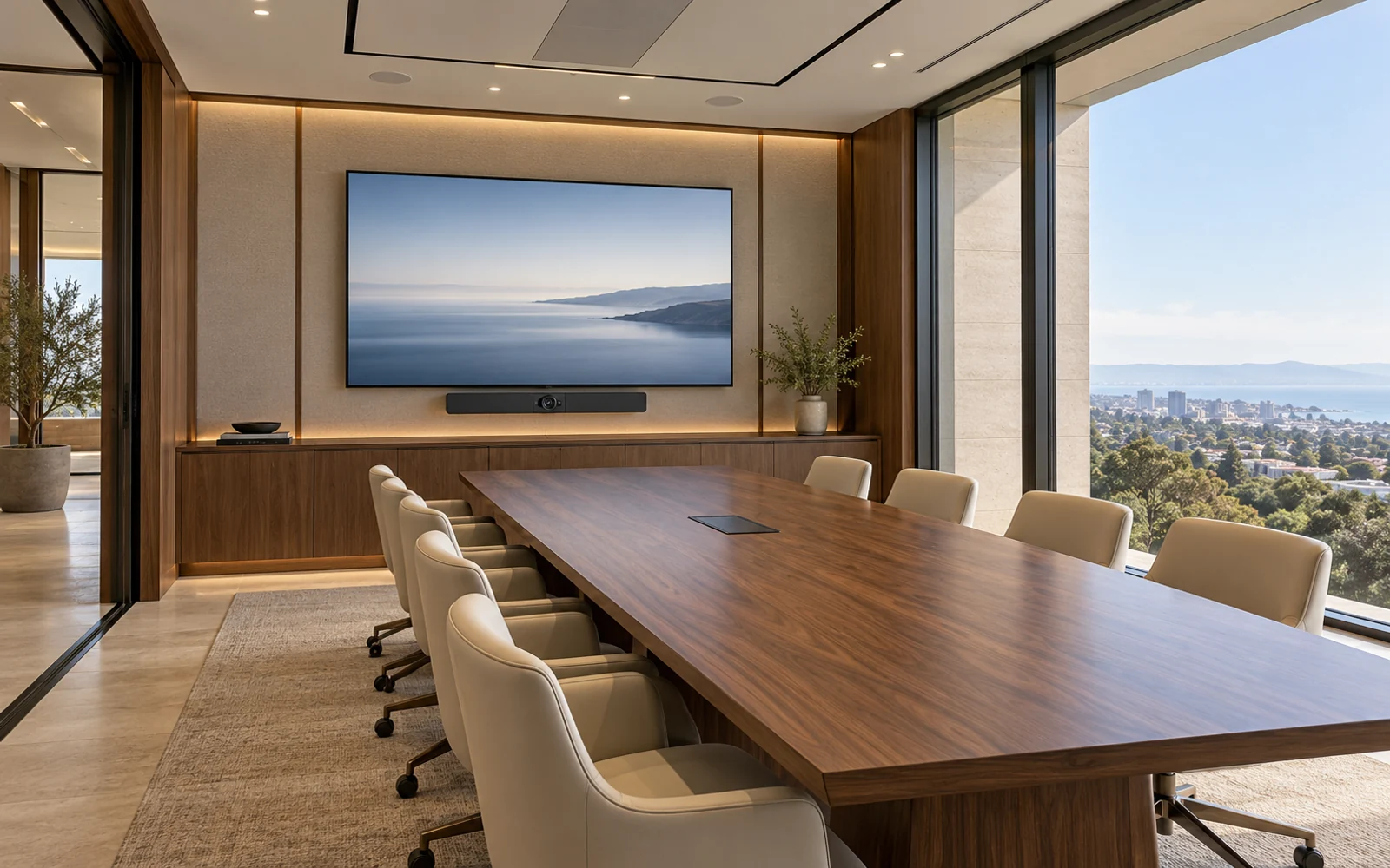 Design rendering: Professional conference room with a large integrated display, conferencing equipment, and organized table connections.
