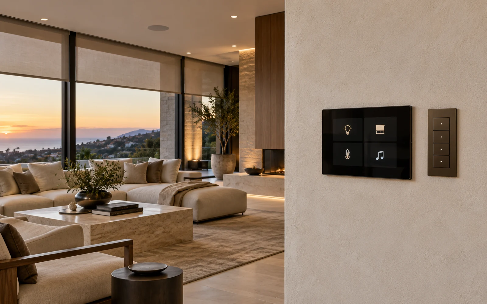 Design rendering: Detailed view of an integrated room-control interface within a finished contemporary interior.