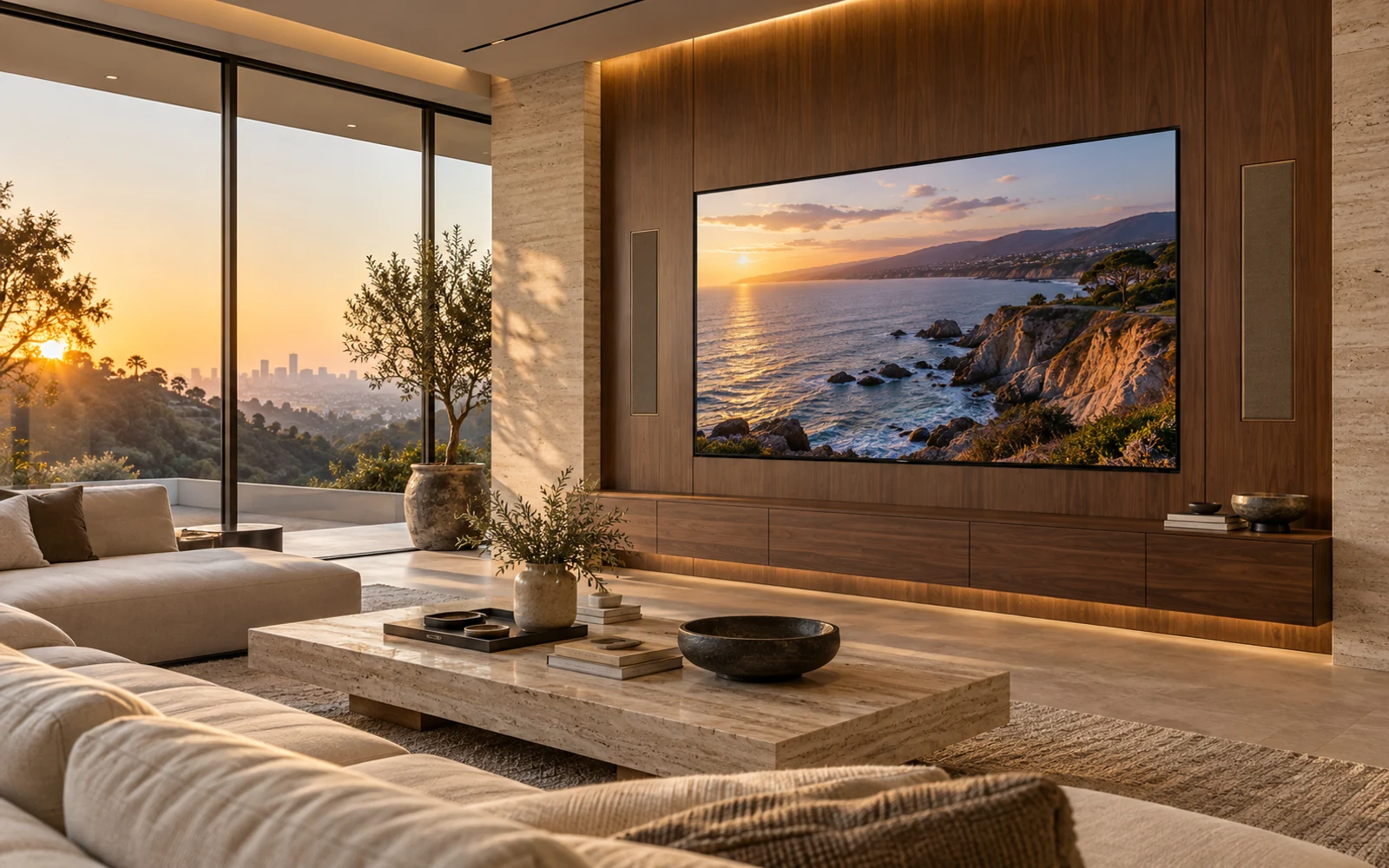 Design rendering: Contemporary media lounge with a large wall-mounted television, concealed equipment, and carefully integrated lighting.