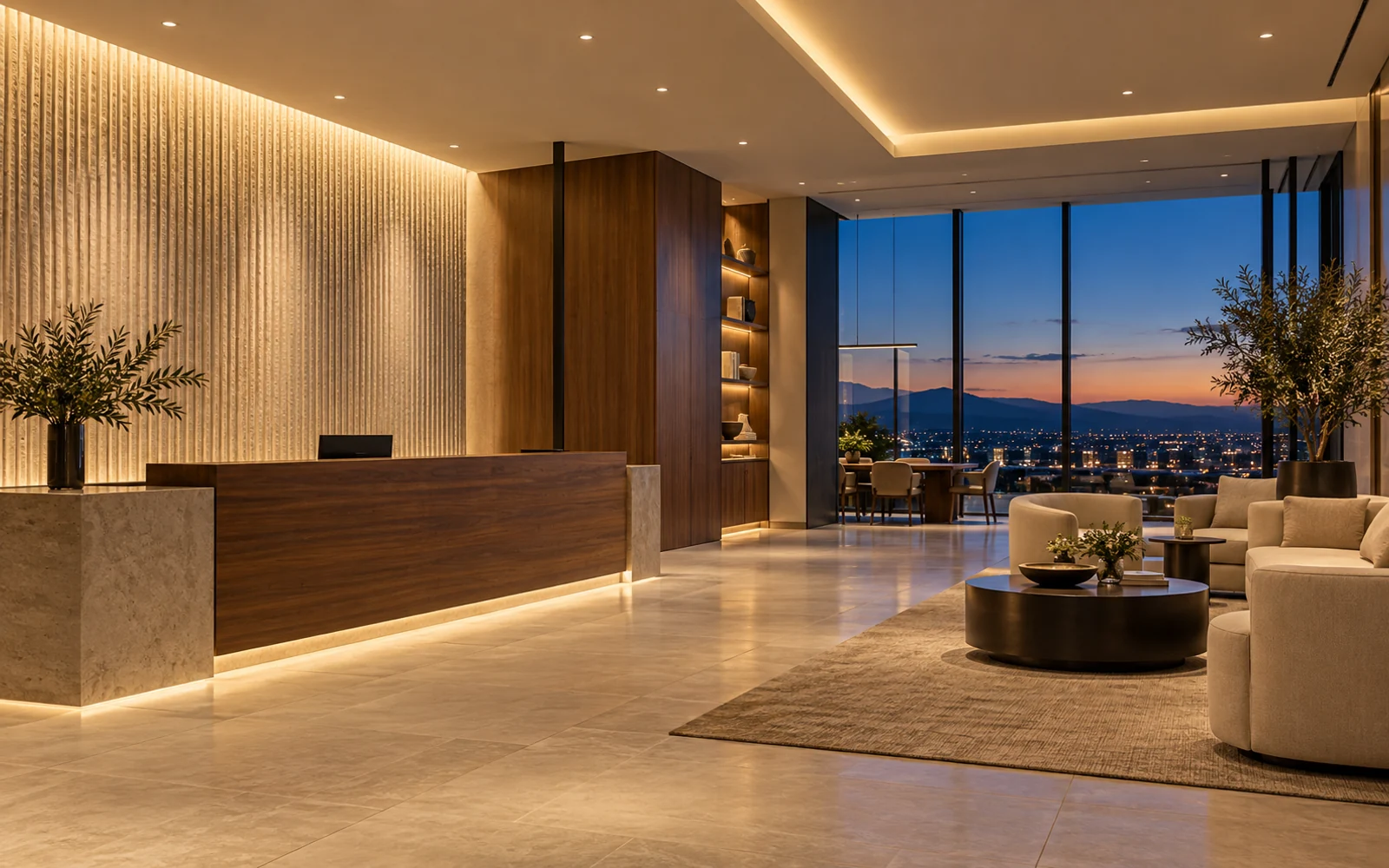 Design rendering: Architectural interior with layered warm lighting, discreet ceiling fixtures, and integrated accent illumination.