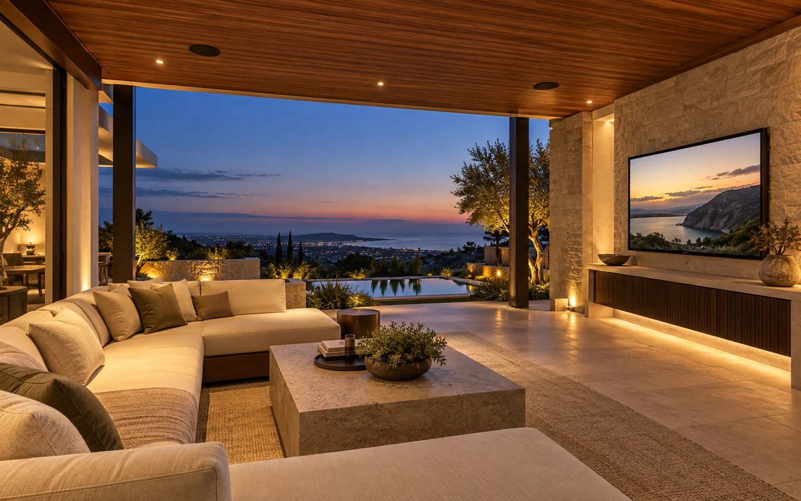 Design rendering: Refined outdoor terrace with integrated entertainment, landscape lighting, and discreet outdoor speakers.