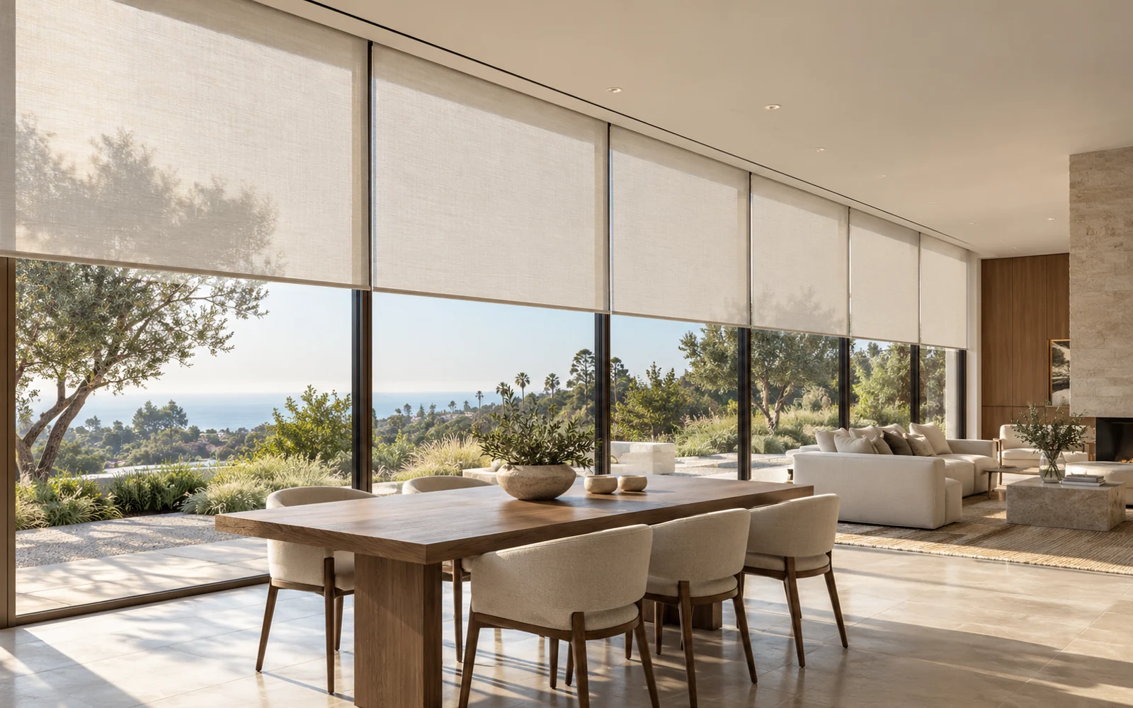 Design rendering: Refined living space with floor-to-ceiling glazing and precisely fitted motorized shades.