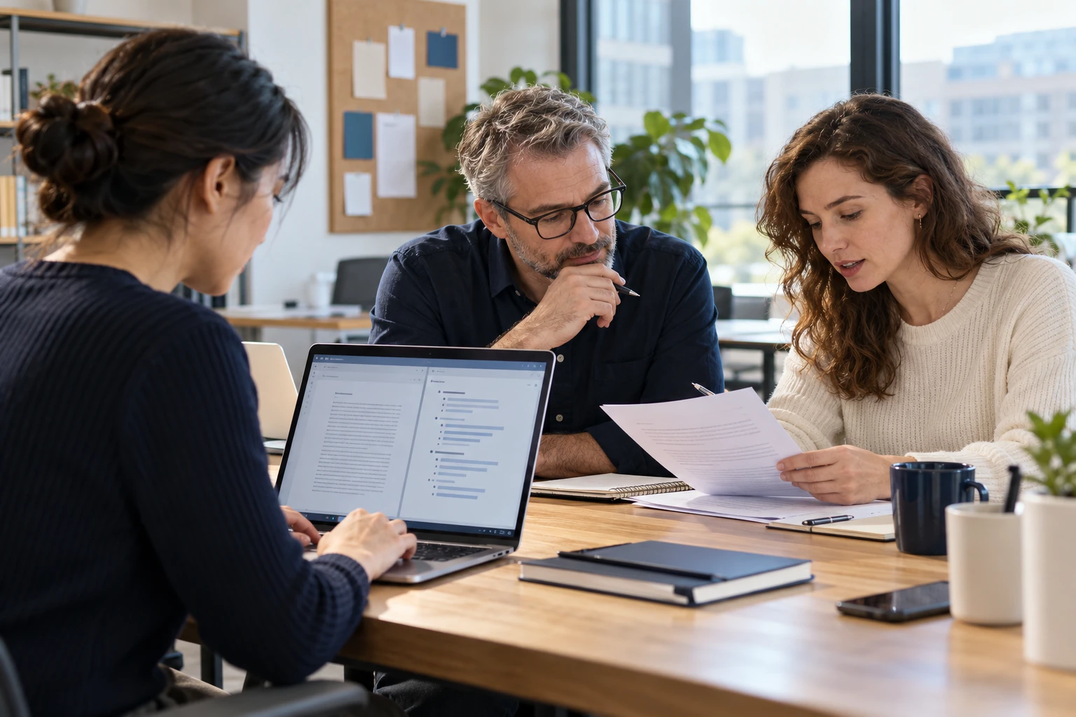 A business team reviewing an AI-assisted workflow with human oversight.