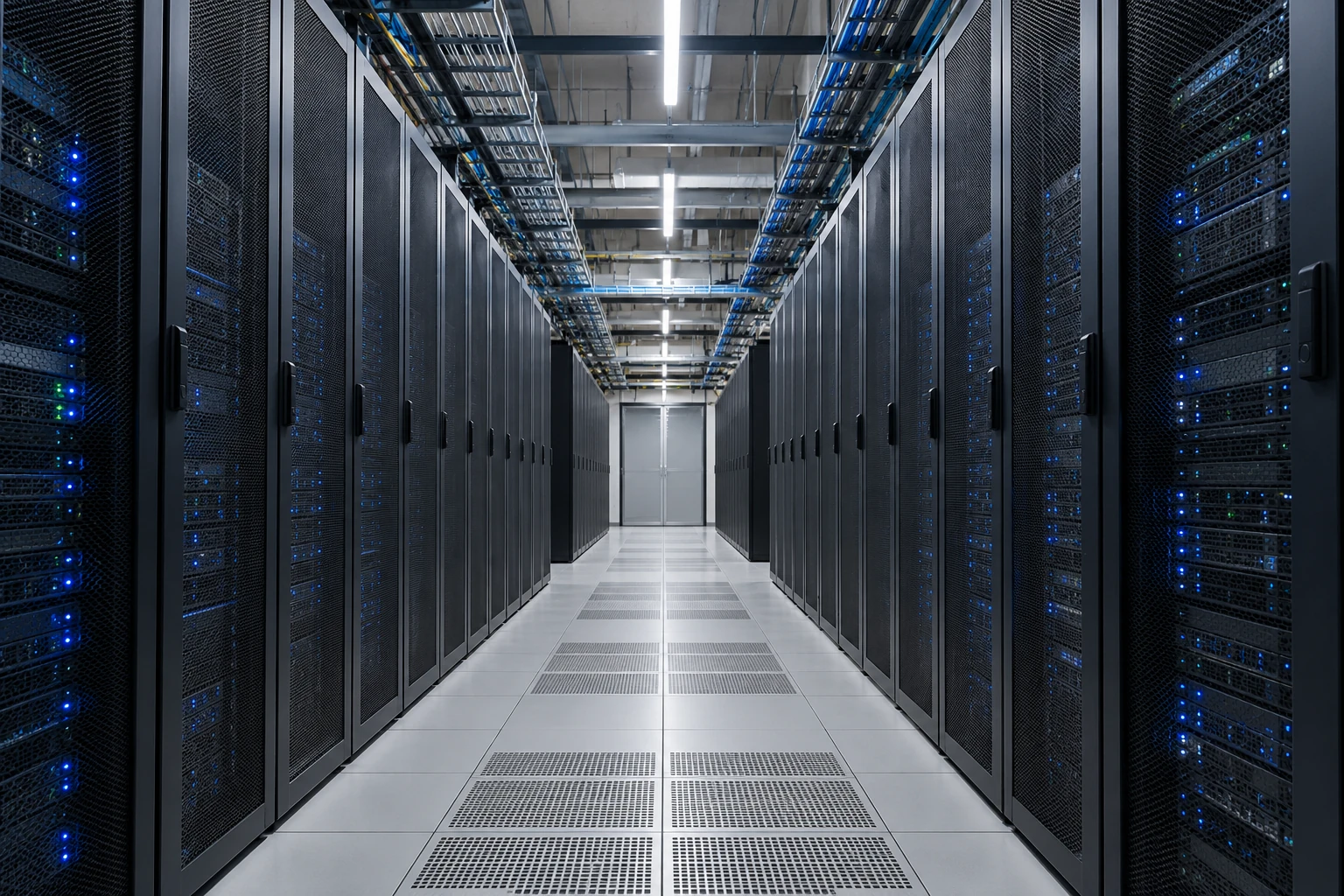 Modern hyperscale data-center aisles representing scalable cloud infrastructure.