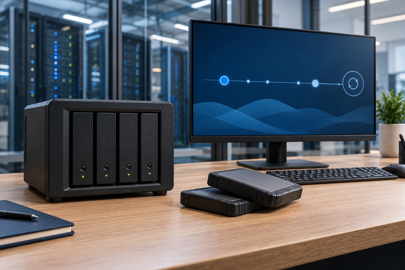 Local backup storage and an off-site recovery planning workspace.