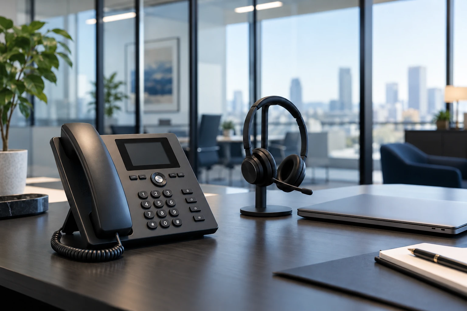 A professional business communications desk with a desk phone and headset.