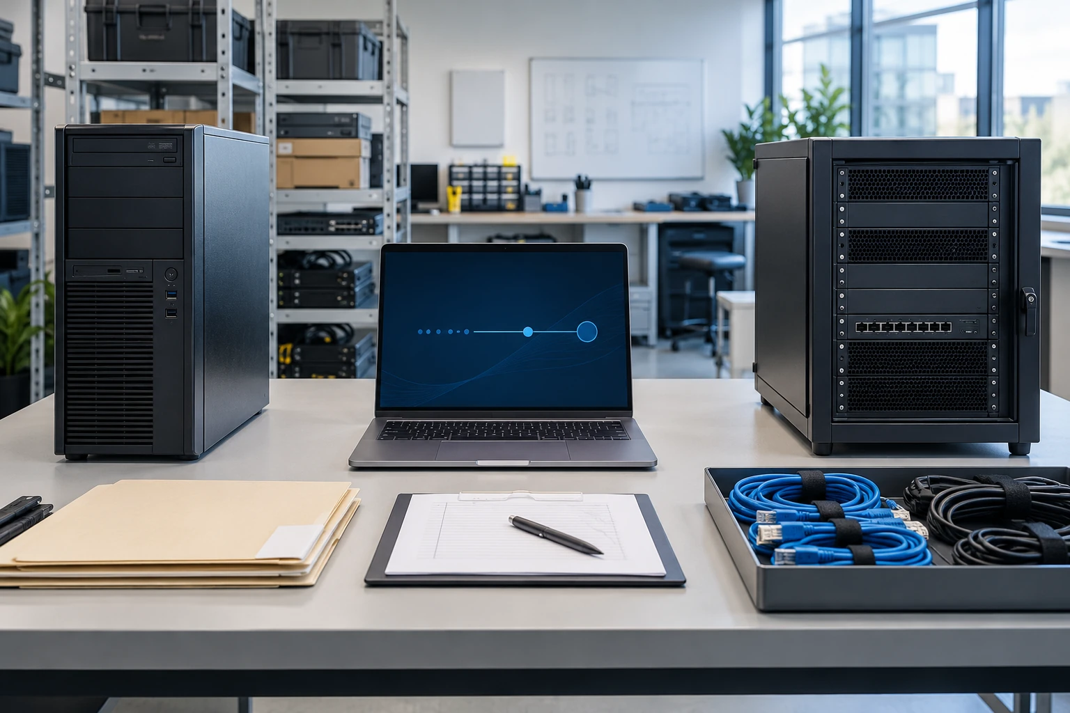 An IT migration staging workspace with organized old and replacement equipment.