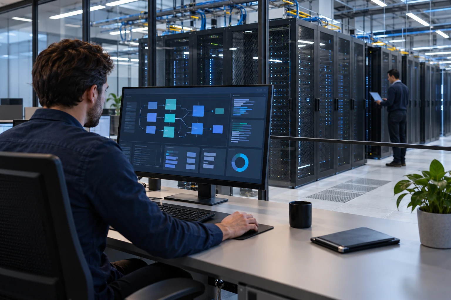 A cloud operations workspace overlooking a modern data center.