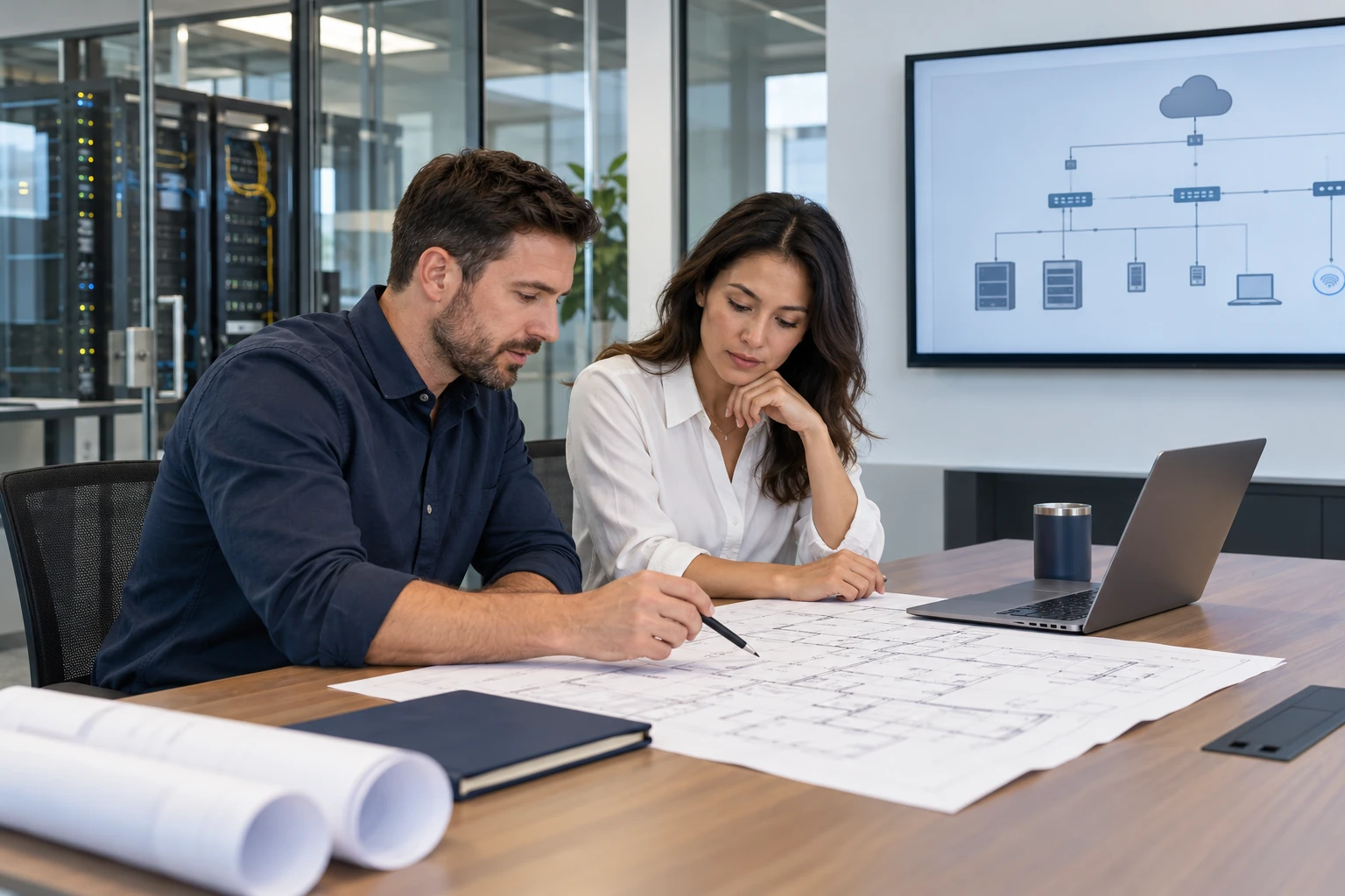 Technology colleagues reviewing an office network plan together.