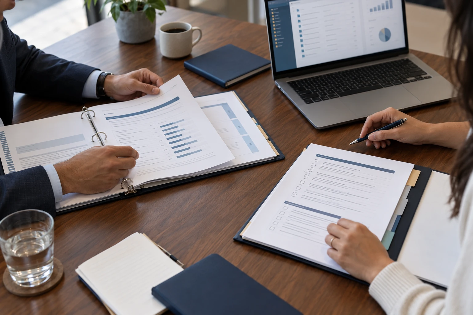 An organized evidence review with documents and a laptop on a meeting table.