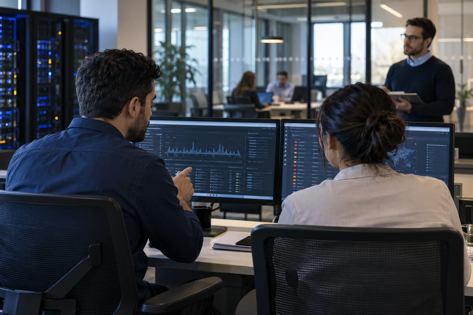 Security analysts monitoring systems in a contemporary operations workspace.