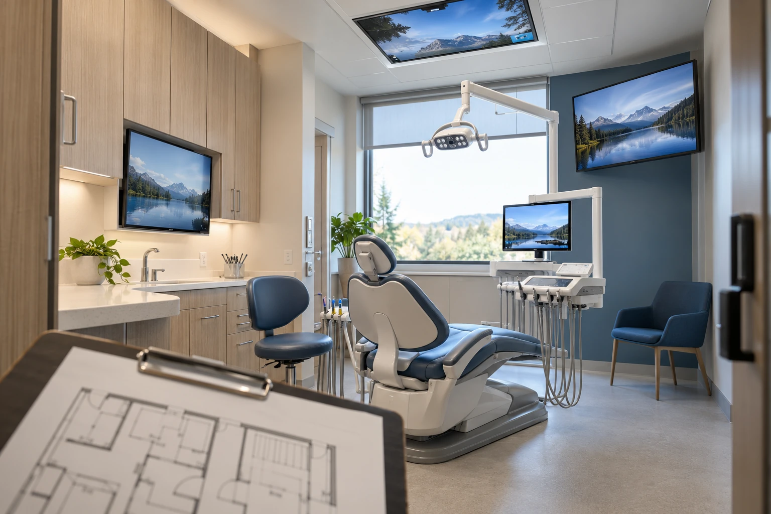 A dental operatory being reviewed for display placement and technology planning.