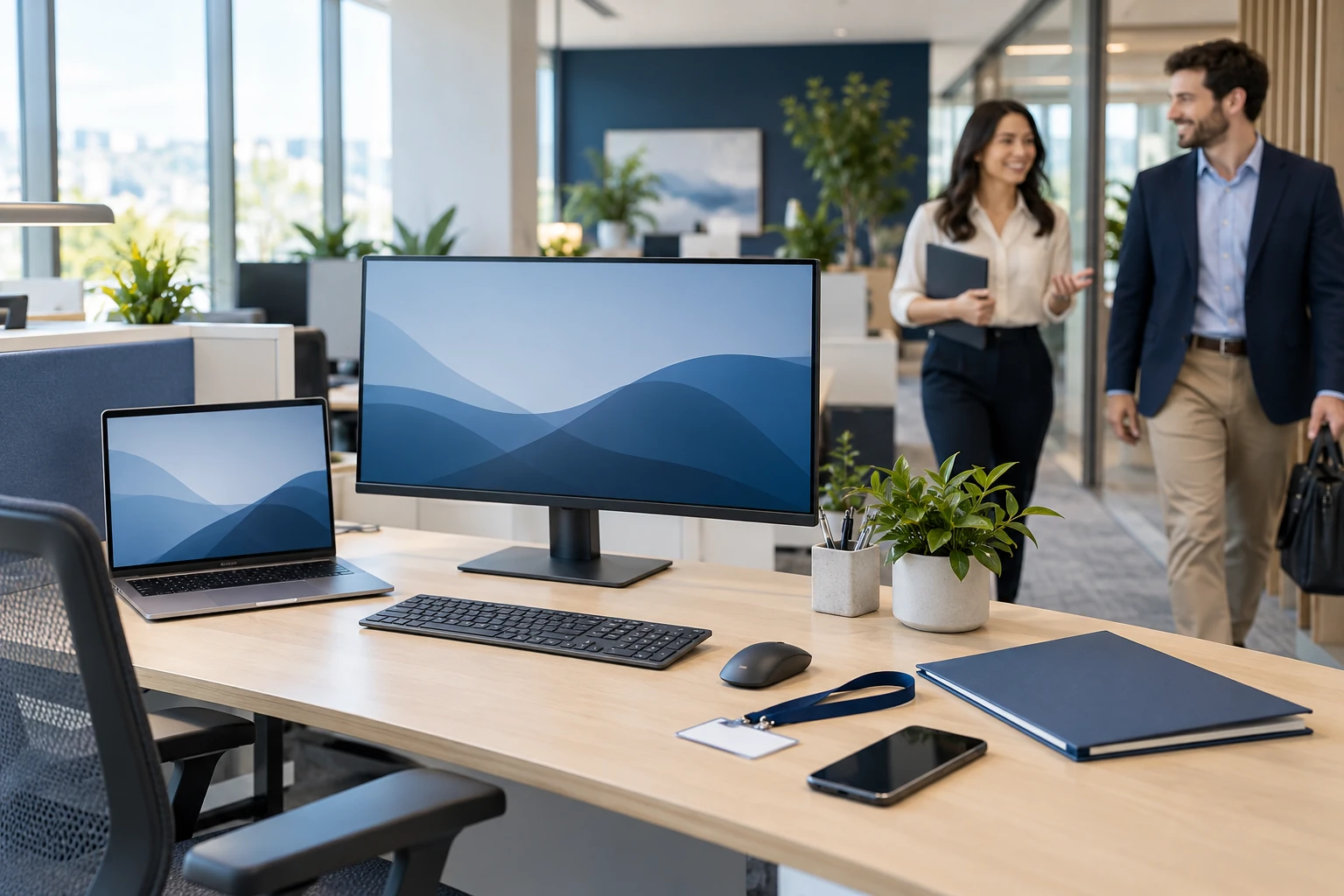 A prepared workstation and access badge welcoming a new employee.