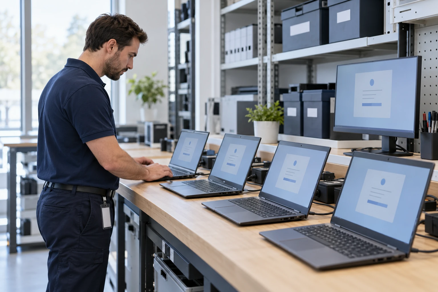 Technician configuring a row of business laptops before deployment.
