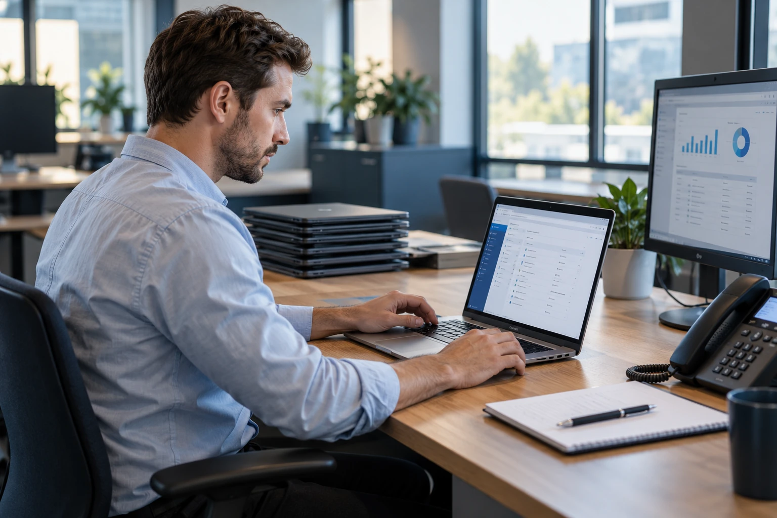 A technician checking a business laptop at an organized workstation.