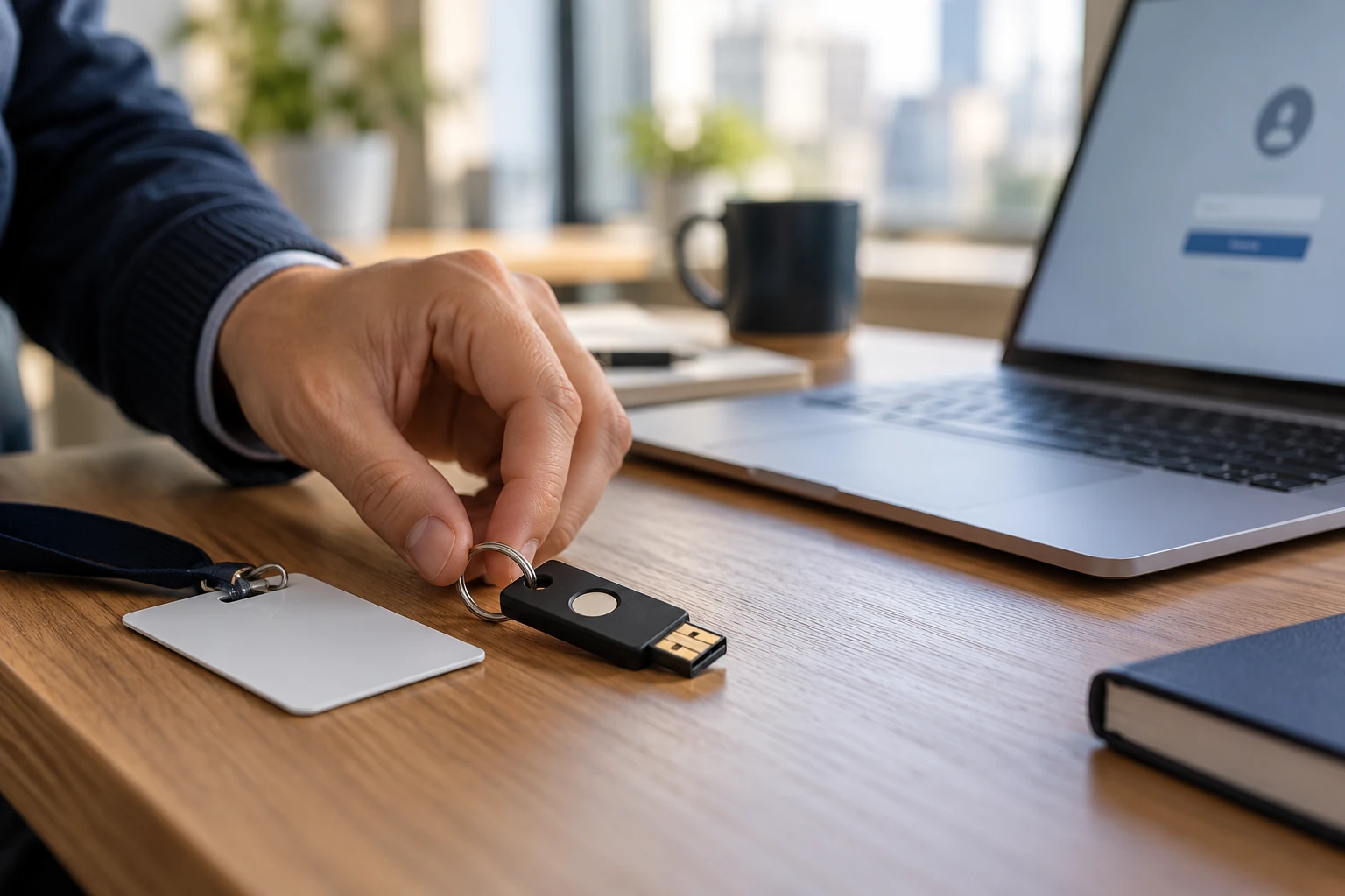 A physical security key and access badge beside a business laptop.