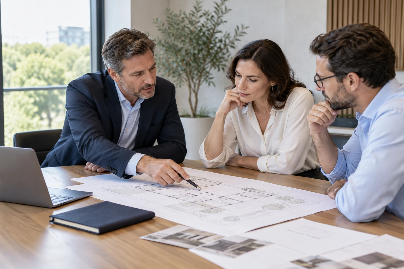 Technology adviser and business leaders discussing a workplace plan.