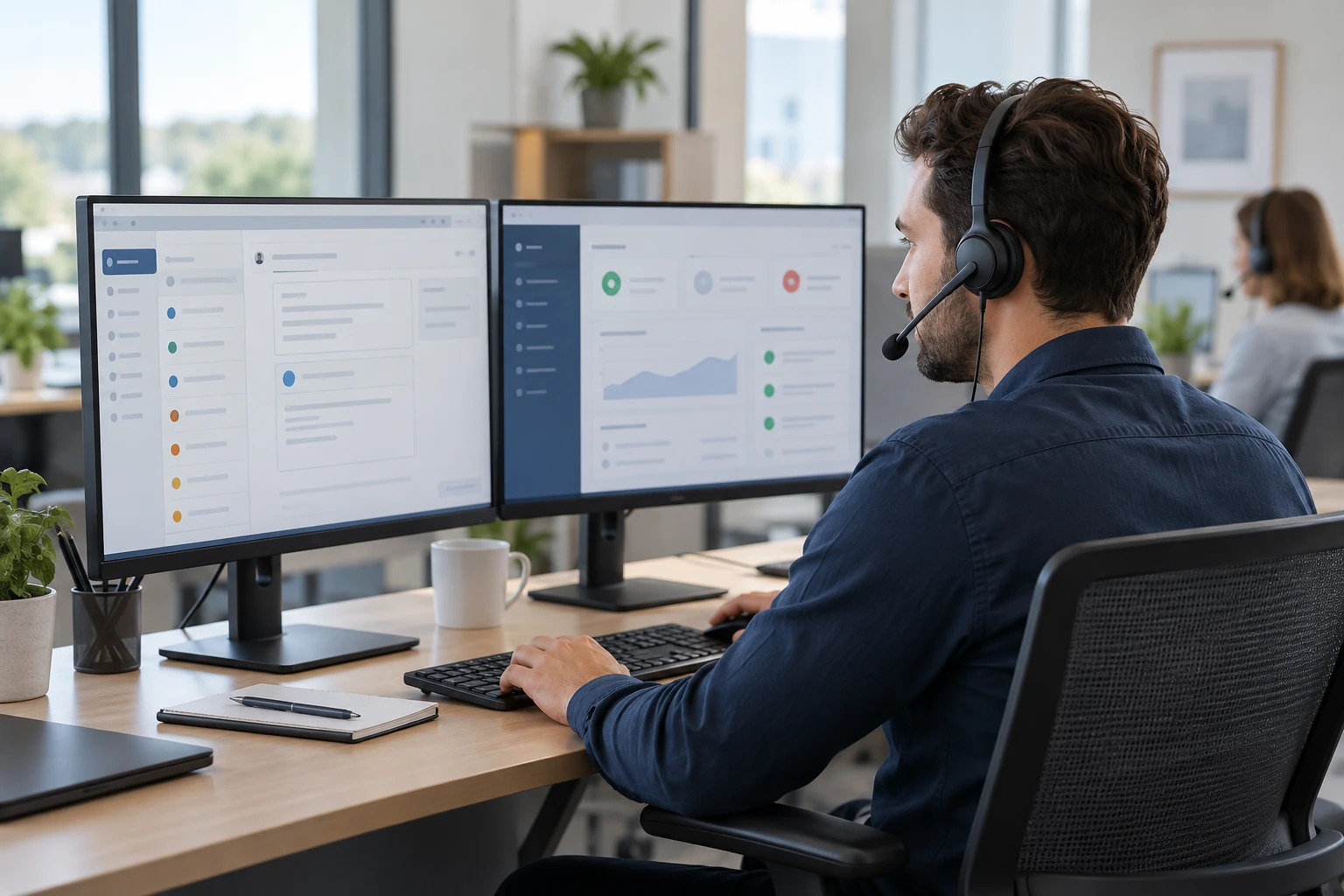 Service-desk professional using a headset and dual-monitor workstation.