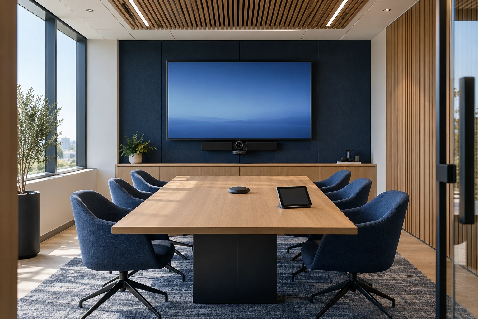 A professionally equipped meeting room with camera, display and table audio.