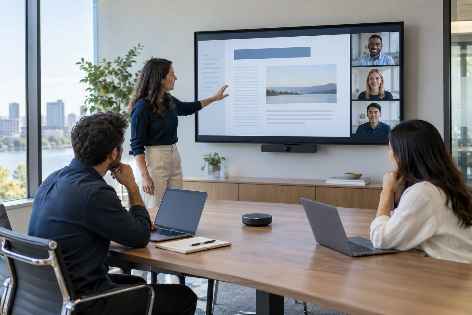 Business team collaborating on a document during a hybrid meeting.