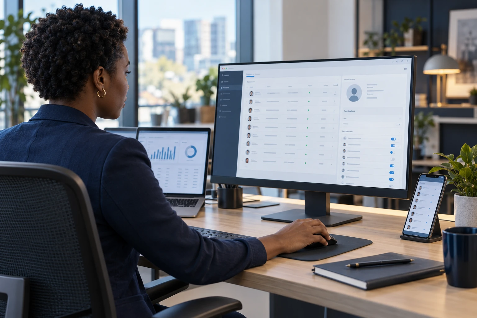 An administrator reviewing access and device settings across a business workspace.