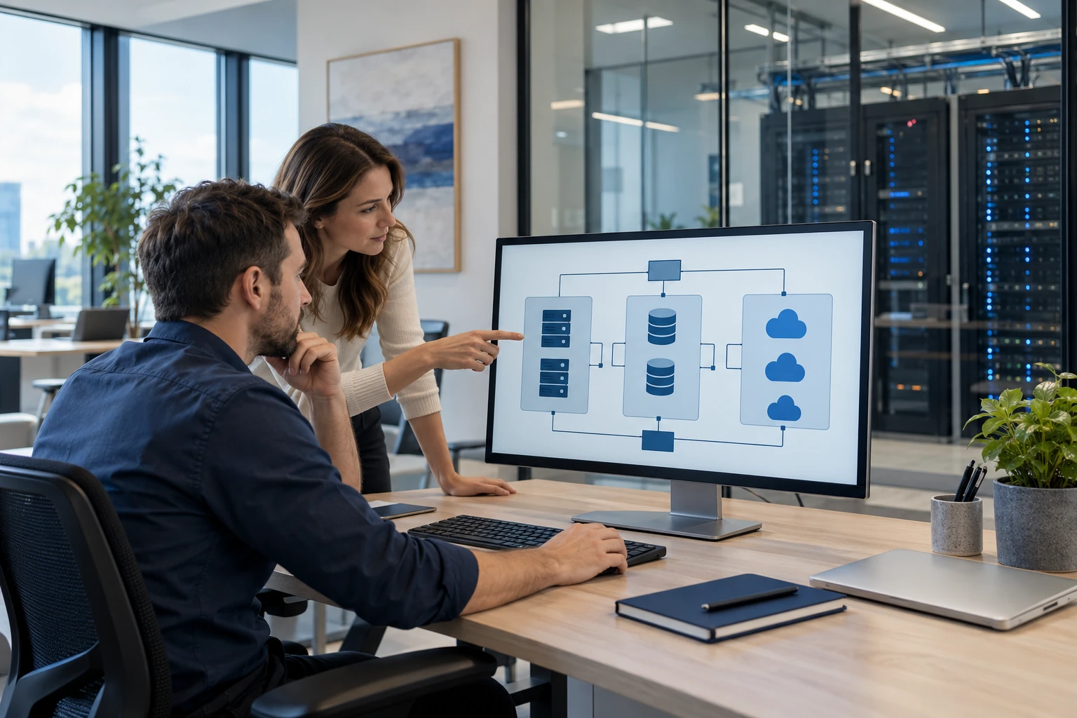 A hybrid cloud architecture planning workspace beside an enterprise server room.