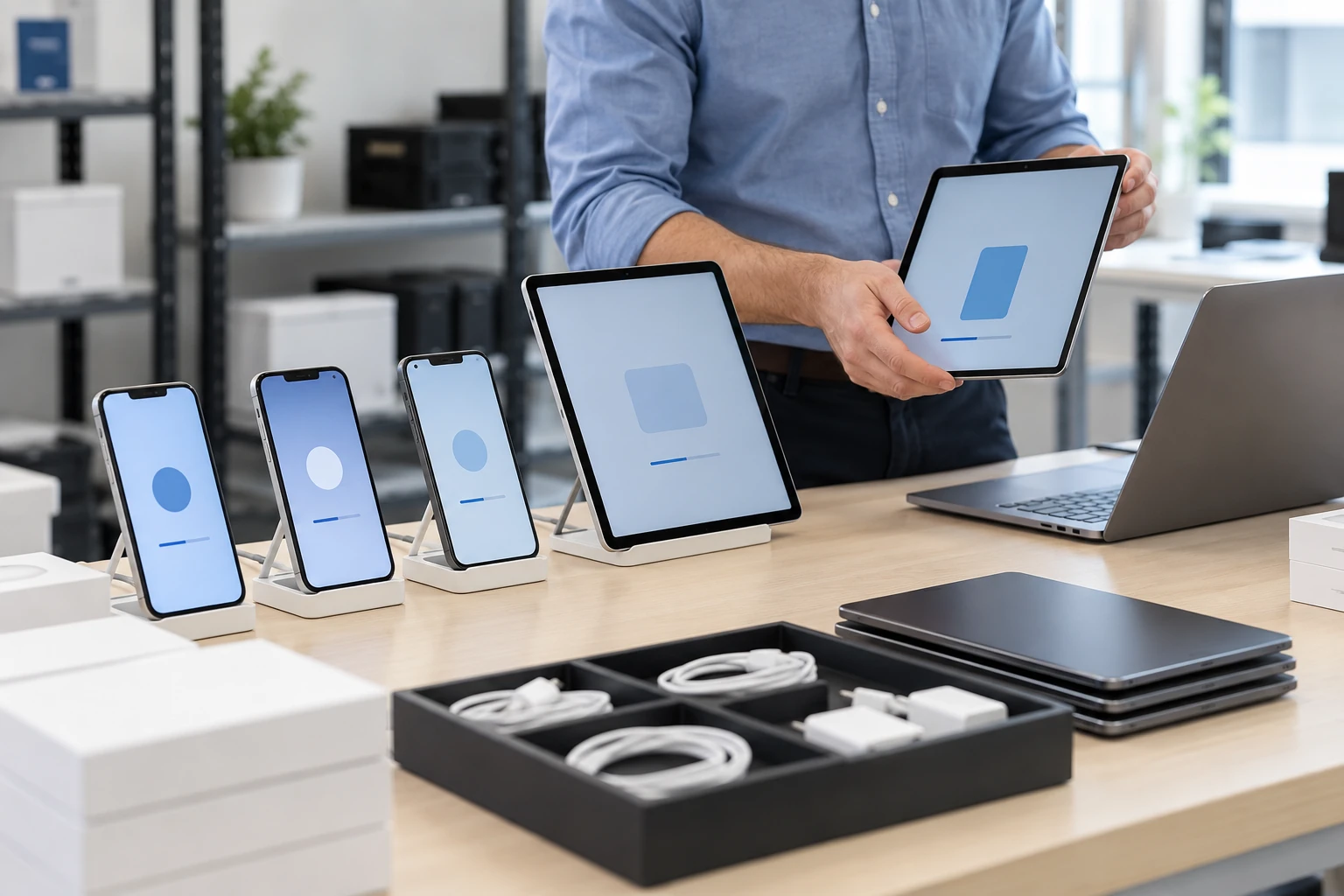 Technician preparing smartphones and tablets at a provisioning workbench.