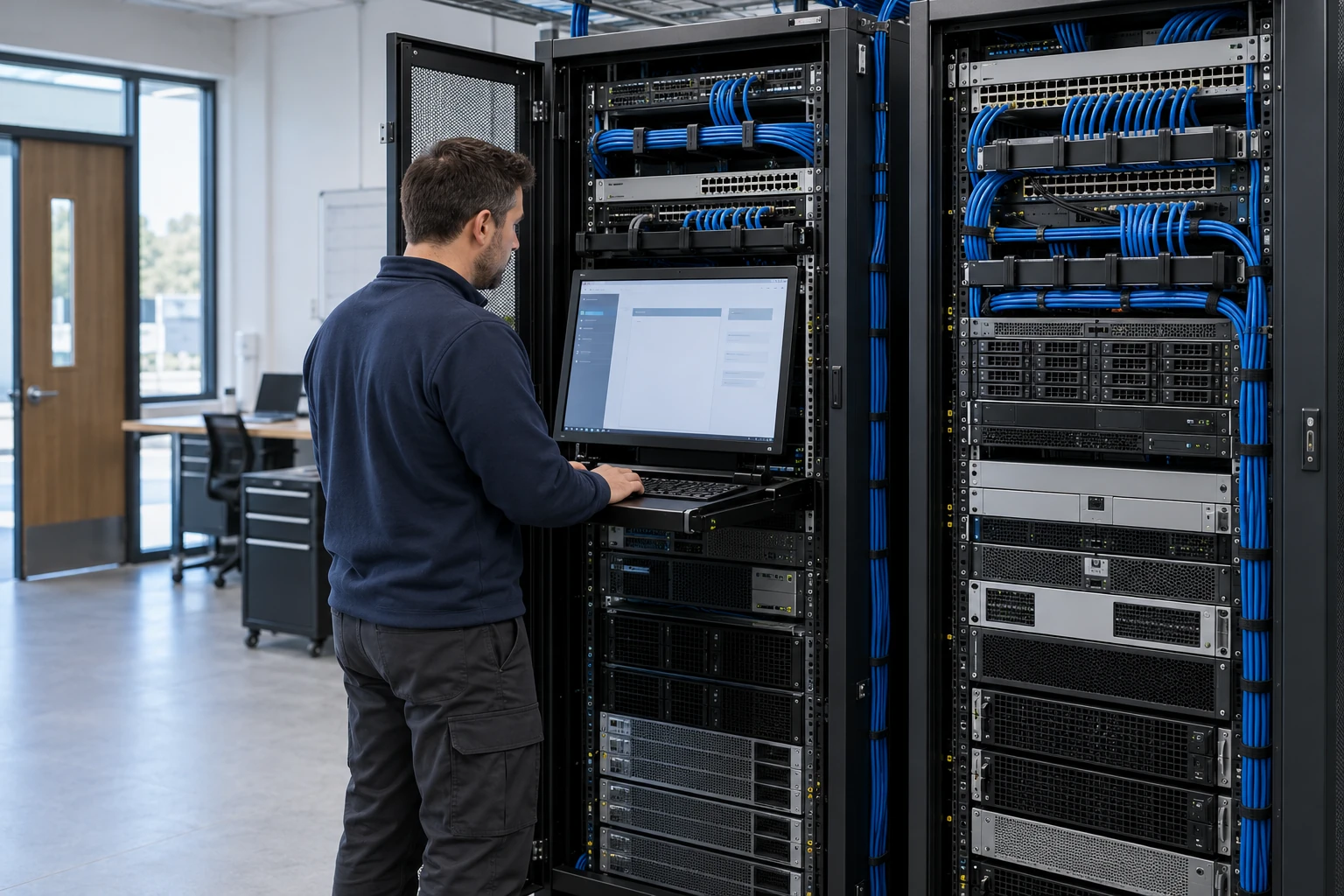 Technician working beside organized servers and network cabling.