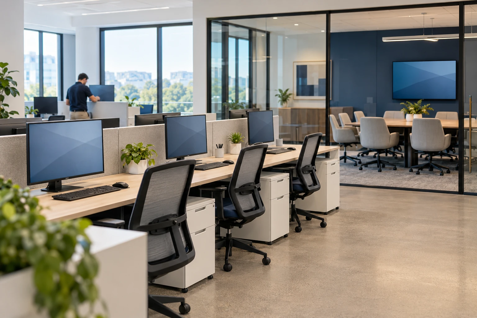 New office with coordinated workstations and a connected meeting room.