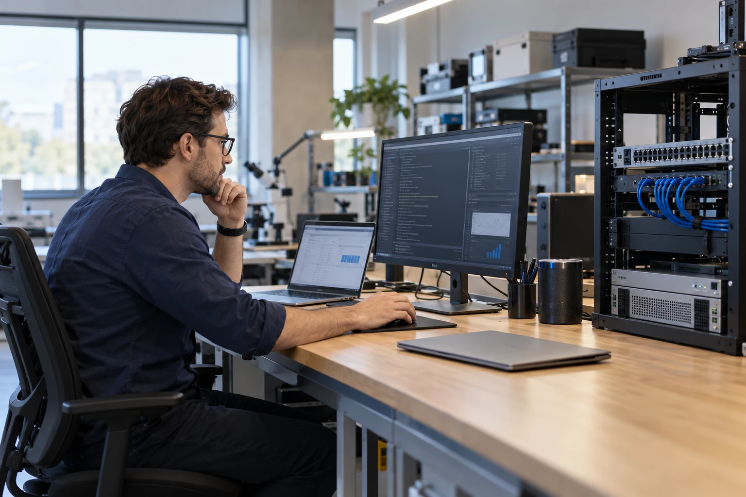 A security tester working in an isolated network testing laboratory.