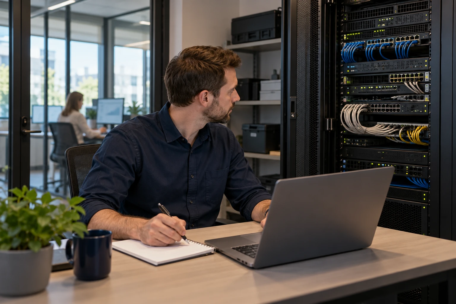 An IT specialist documenting a security assessment beside a network cabinet.