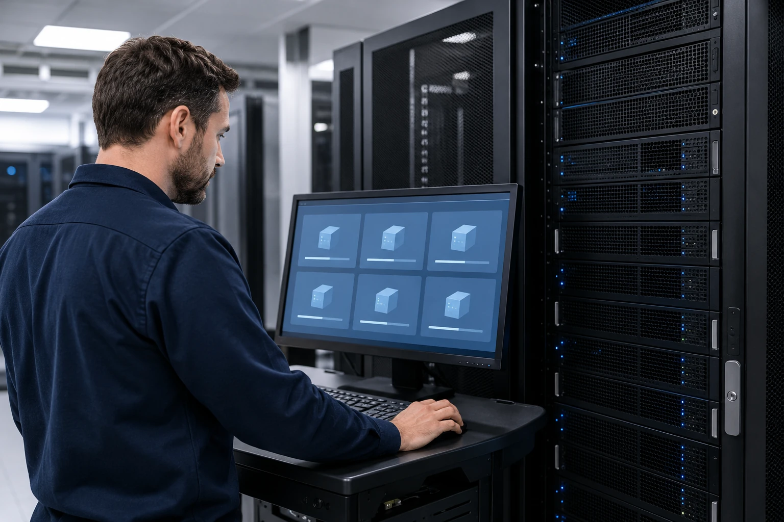 An enterprise server rack beside a virtualization management workstation.
