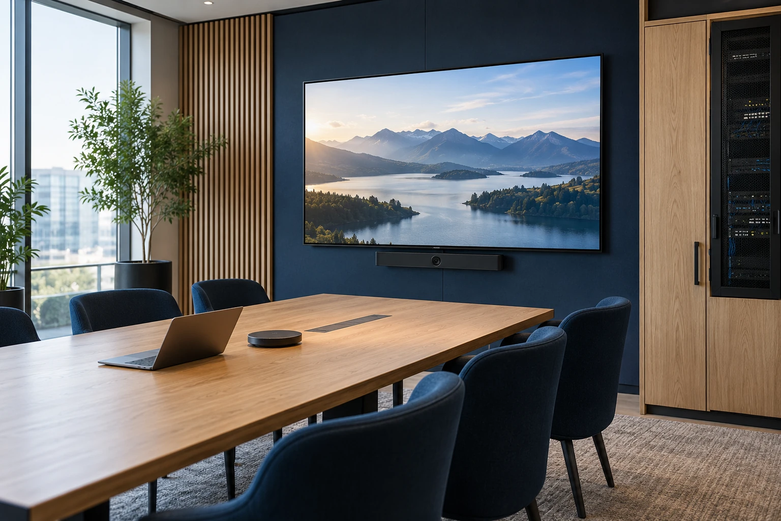 An integrated technology planning room with infrastructure, workplace and AV elements.