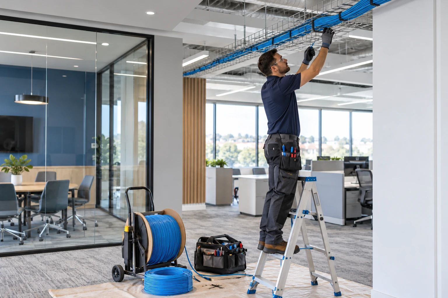 Technician routing network cable through a commercial ceiling tray.
